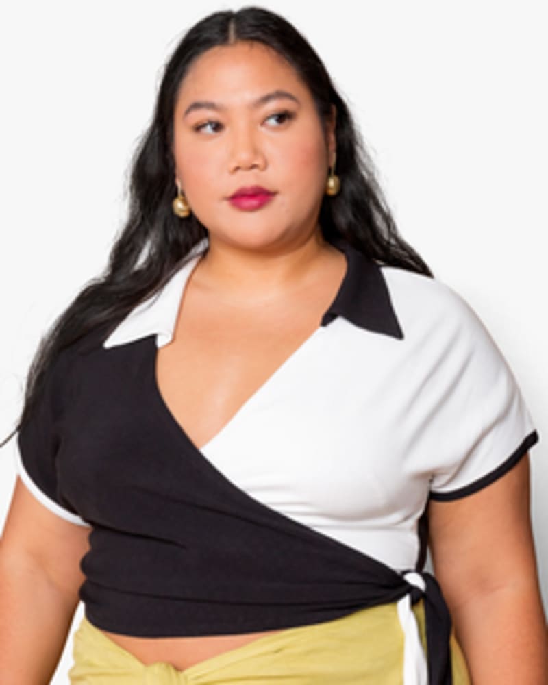 Front of a model wearing a size XL Alyssa Wrap Top in Yin Yang by Lovefool. | dia_product_style_image_id:250081